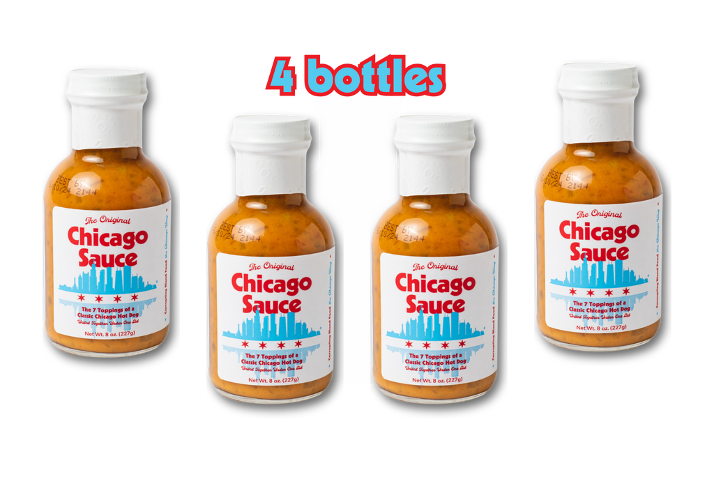 Four bottles of Chicago Sauce displayed side-by-side on a white background with the text '4 bottles' above them.