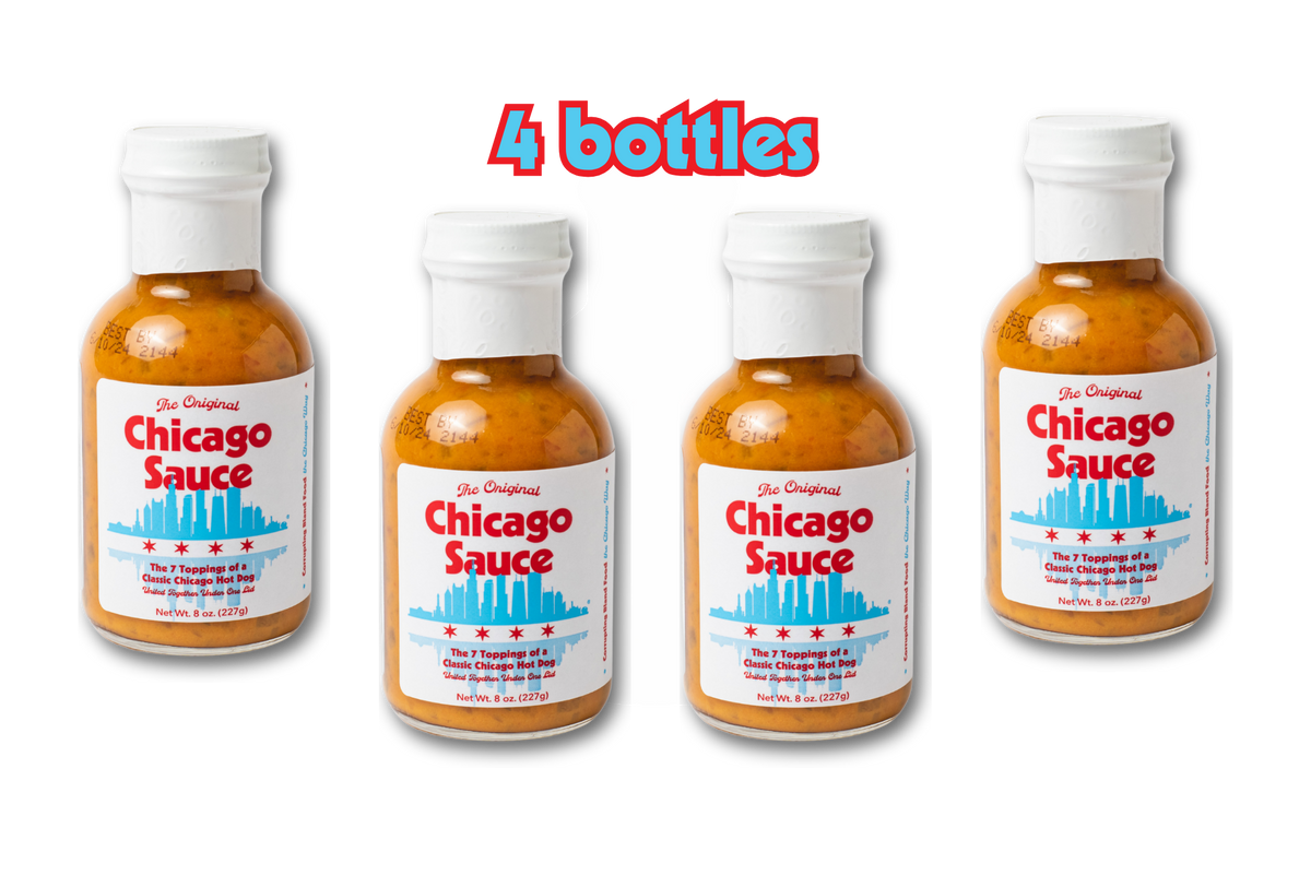 Four bottles of Chicago Sauce displayed side-by-side on a white background with the text '4 bottles' above them.