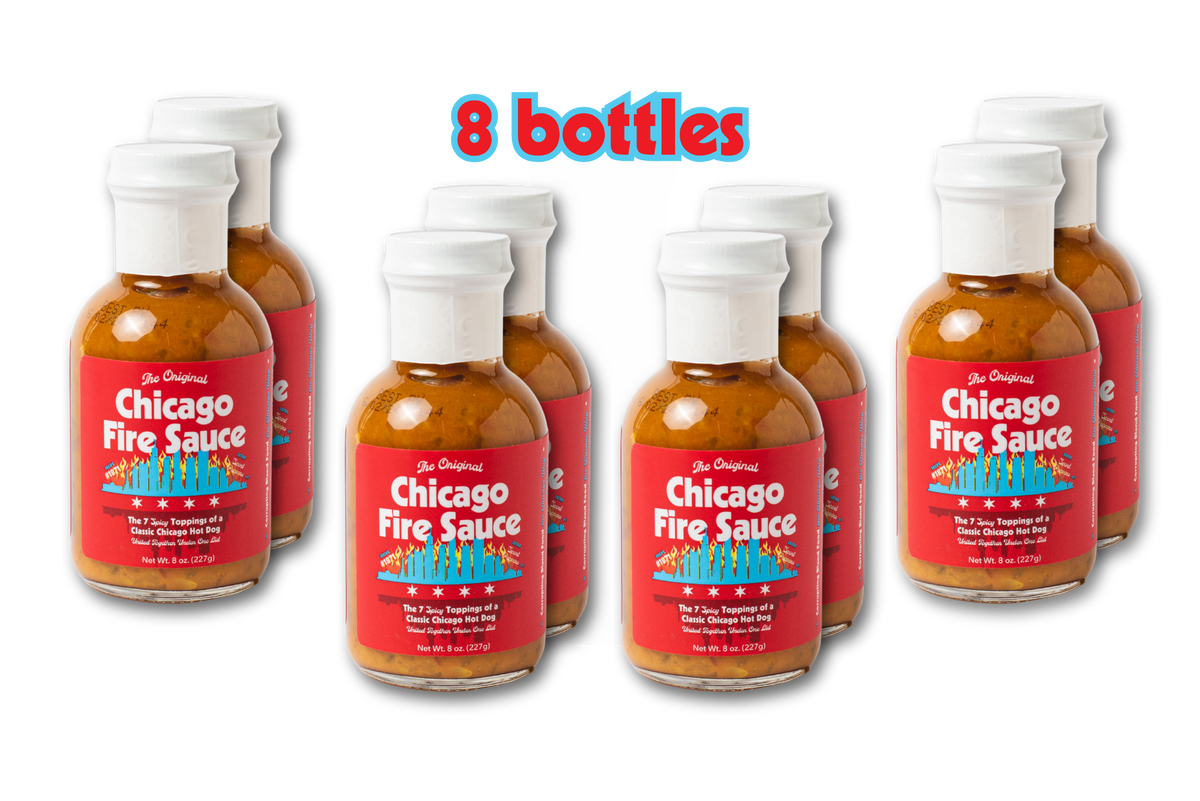 Eight bottles of Chicago Fire Sauce arranged in two rows on a white background, with the text '8 bottles' above them. The bottles contain an orange-brown sauce and have red labels with white caps.