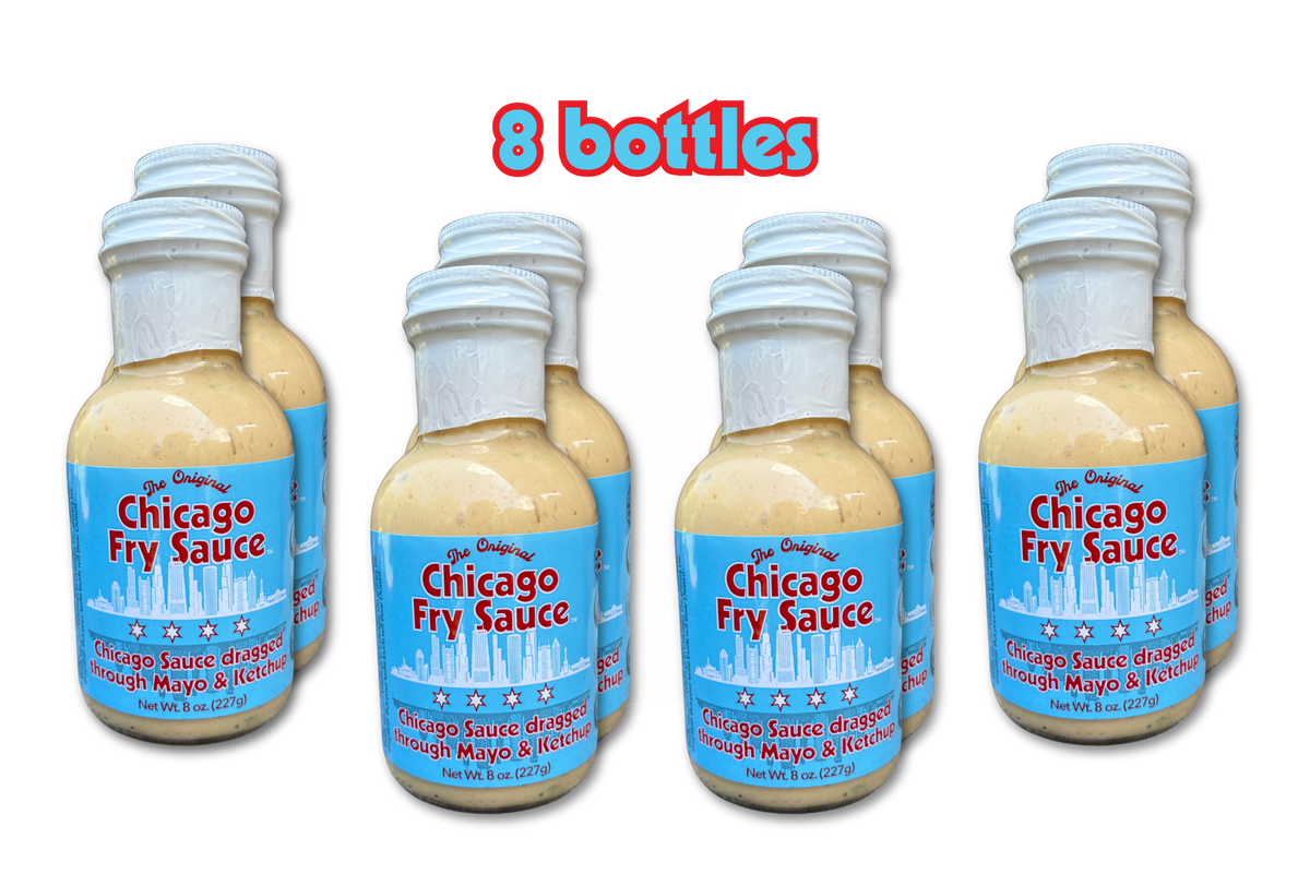 8 bottles of Chicago Fry Sauce arranged in two rows against a white background, with the text '8 bottles' in red and blue at the top. The bottles contain a pale yellow sauce and have blue labels with white caps.