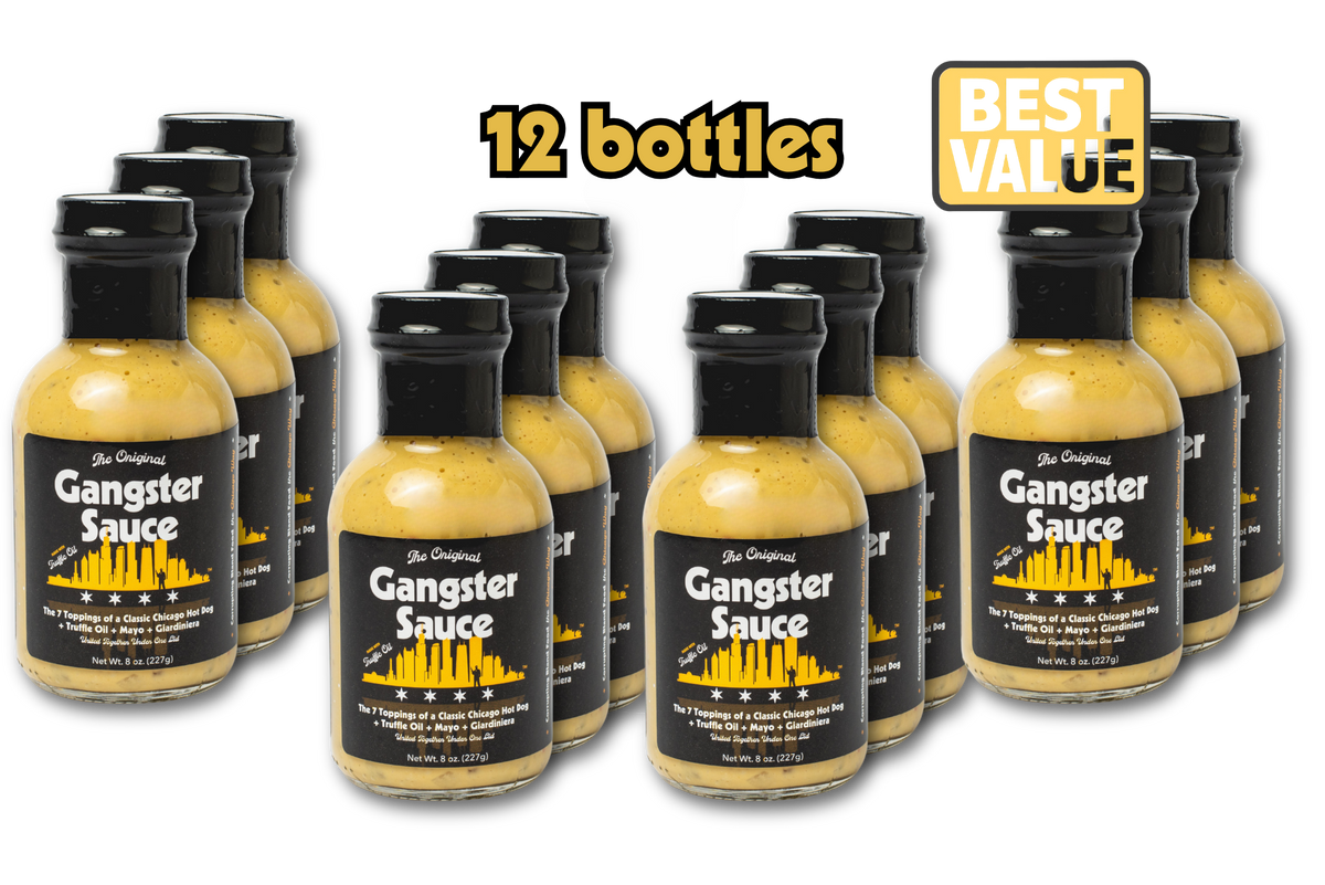 Twelve bottles of Gangster Sauce by The Originals arranged in rows on a white background, with a yellow '12 bottles' text overlay and a yellow 'BEST VALUE' badge.