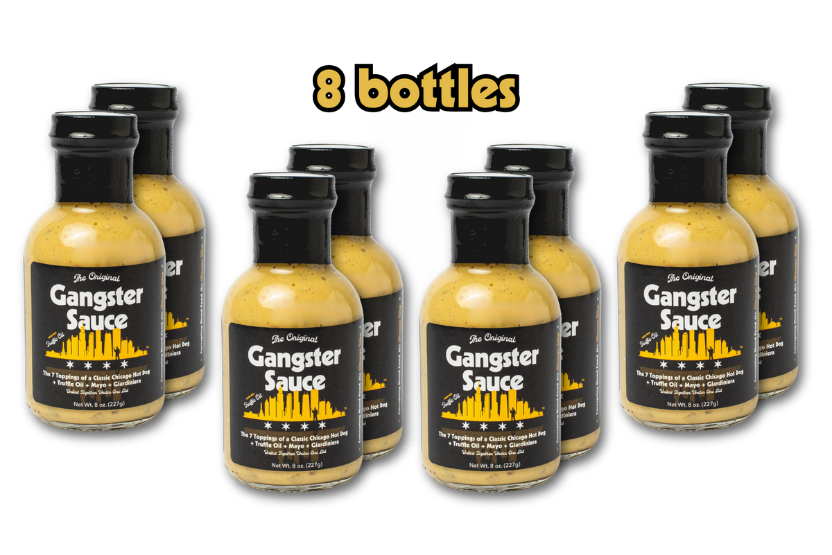 Eight bottles of Gangster Sauce arranged in two rows on a plain white background, with the text '8 bottles' above them.