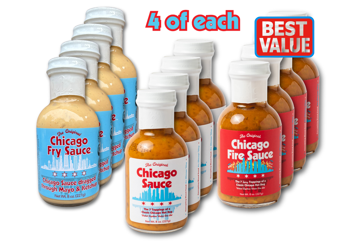 4 bottles of Chicago sauce, 4 bottles of Chicago Fire Sauce, and 4 bottles of Chicago Fry Sauce shown in three flavor groups: Chicago Fry Sauce with blue labels and Chicago Fire Sauce with red labels, and Chicago Sauce with white labels. Labeled as best value.