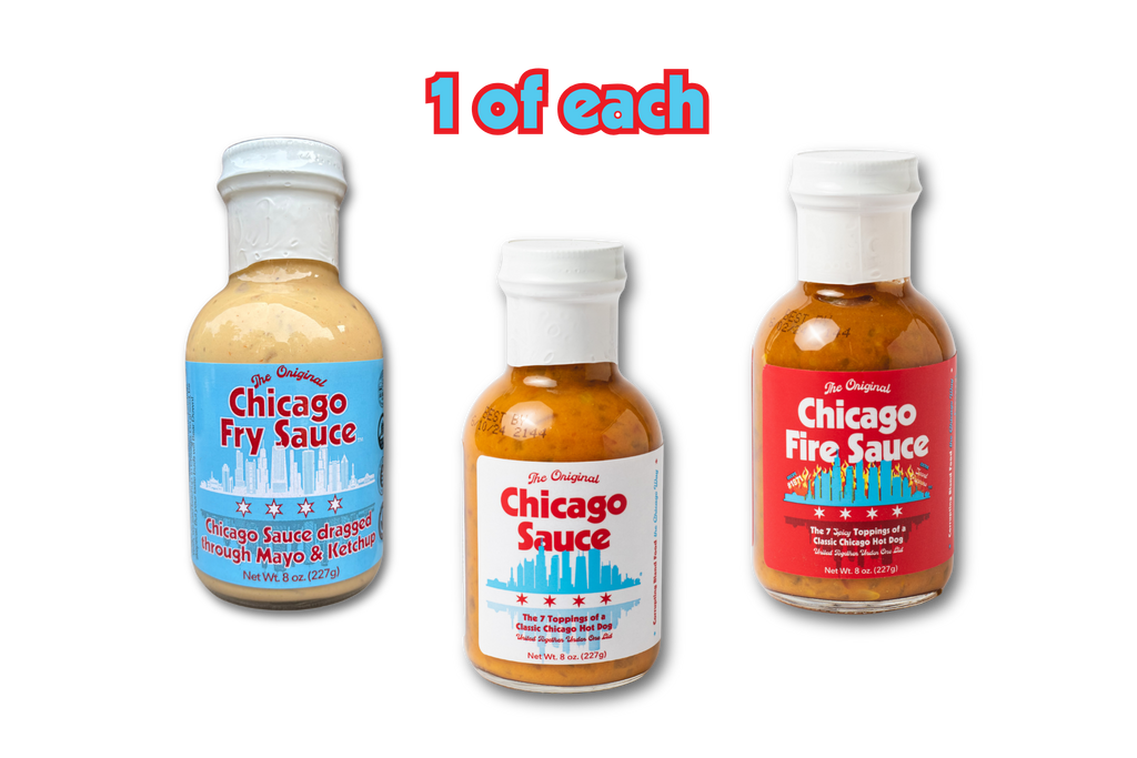 Three bottles of Chicago Sauce by Dr. Originals on a white background with a red text overlay reading '1 of each'.