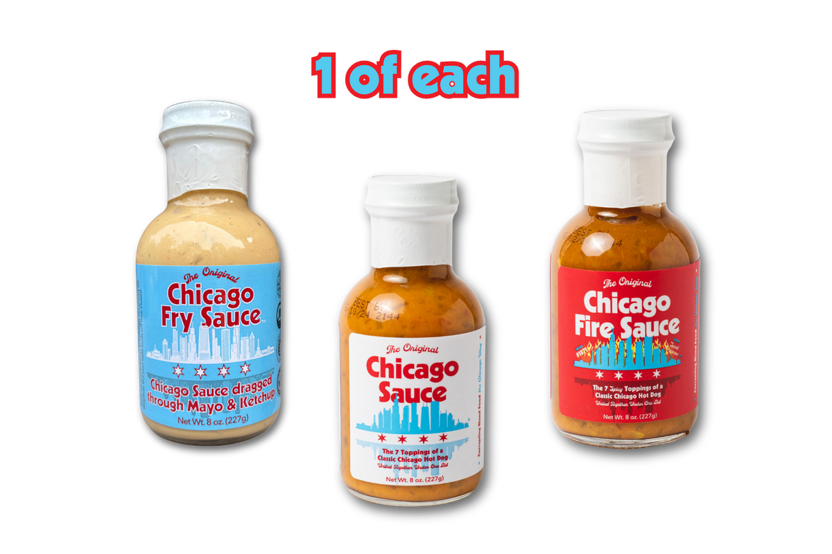Three bottles of Chicago Sauce by Dr. Originals on a white background with a red text overlay reading '1 of each'.