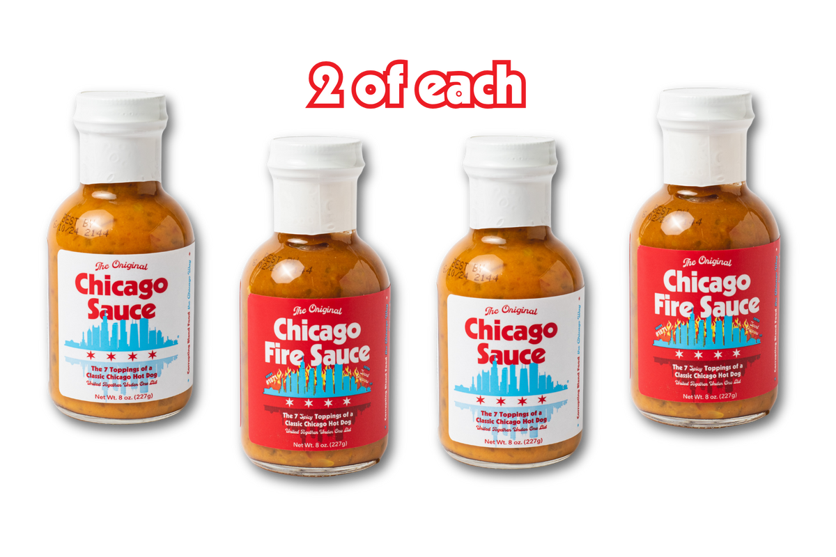 Four small bottles of hot sauce arranged in a row on a white background, with the text '2 of each' above them. Two bottles are labeled Chicago Sauce and two are labeled Chicago Fire Sauce.
