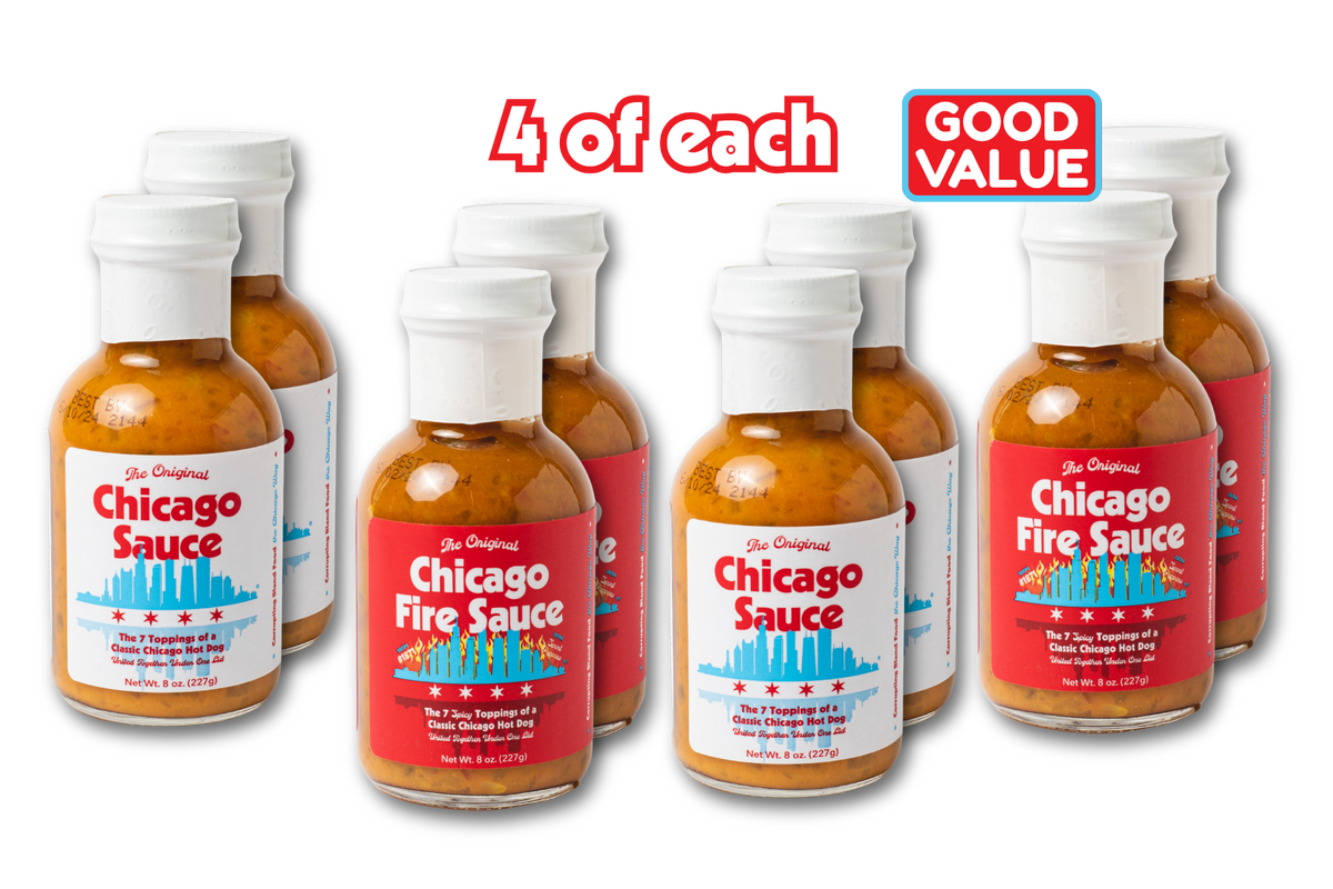 8 bottles of Sauce, with 4 Originals, and 4 Fire, arranged in a group with promotional text reading '4 of each' and 'GOOD VALUE' on a white background.