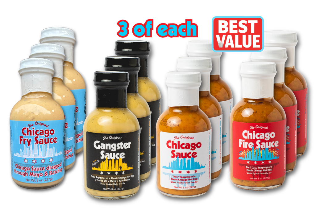 A promotional product shot showing multiple bottles of Chicago-based sauces on a plain white background, with text reading '3 of each' and a red 'BEST VALUE' badge. Visible products include bottles of Chicago Fry Sauce, Gangster Sauce, Chicago Sauce, and Chicago Fire Sauce.