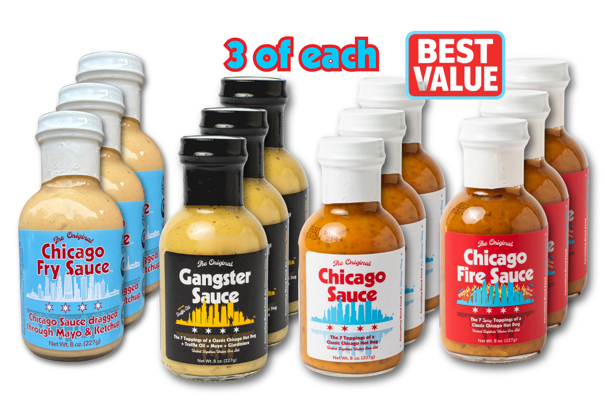 A promotional product shot showing multiple bottles of Chicago-based sauces on a plain white background, with text reading '3 of each' and a red 'BEST VALUE' badge. Visible products include bottles of Chicago Fry Sauce, Gangster Sauce, Chicago Sauce, and Chicago Fire Sauce.