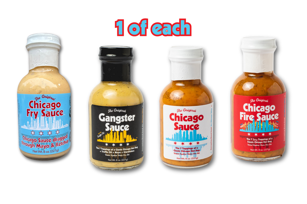 four bottles of the chicago sauce line, one flavor of each 