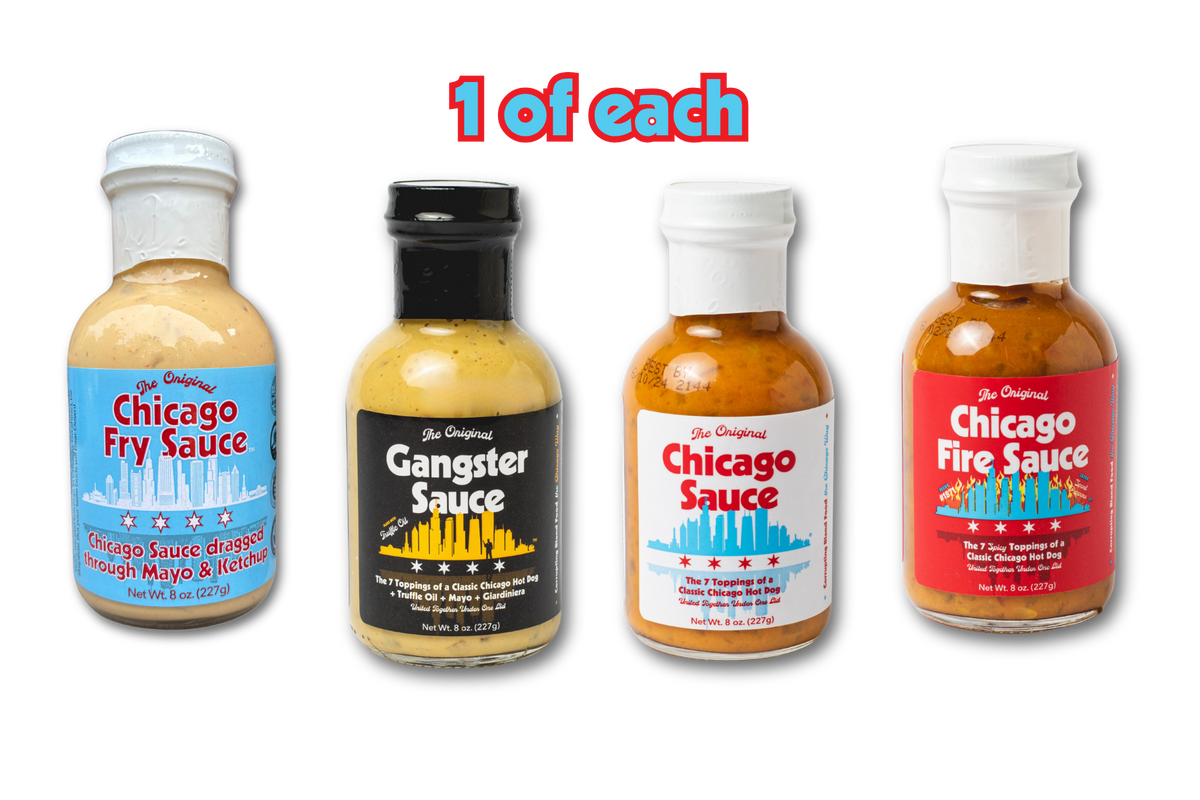 four bottles of the chicago sauce line, one flavor of each 