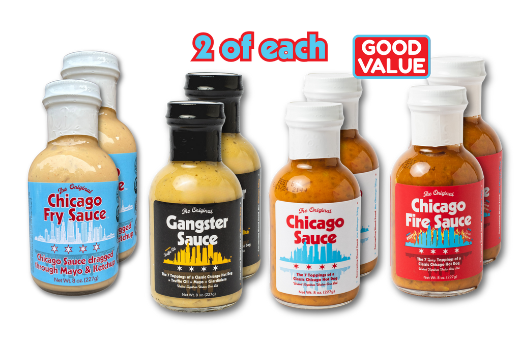 eight bottle of sauce in total, with 2 bottles of each:  Chicago Sauce, Chicago Fire Sauce, Chicago Fry Sauce and Gangster Sauce.   2 of each' and a red badge reading 'GOOD VALUE'. Visible sauces include Chicago Fry Sauce, Gangster Sauce, Chicago Sauce, and Chicago Fire Sauce.