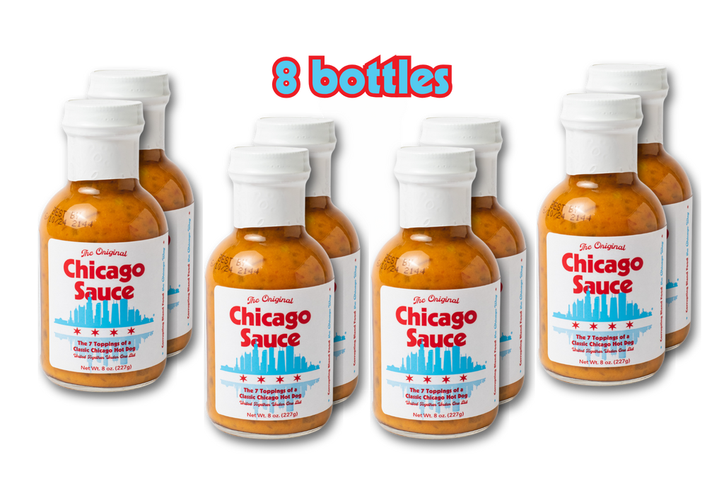 Eight bottles of Chicago Sauce displayed in a group on a white background, with the text '8 bottles' above them. The bottles contain an orange-brown sauce and have white caps with white labels featuring red and blue text and graphics.